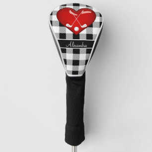 Buffalo Plaid Black white golf clubs red heart Golf Head Cover