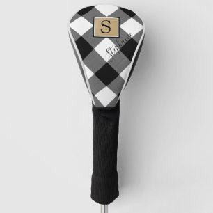 Buffalo Plaid Black White Monogram Script Name Golf Head Cover