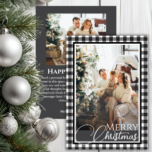 Buffalo Plaid Black & White Two Photos Christmas Holiday Card