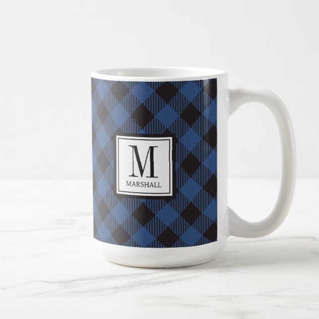 Buffalo Plaid Blue Custom Name Coffee Mug (Right)