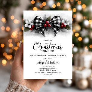 Buffalo Plaid Bow Christmas Dinner Invitation