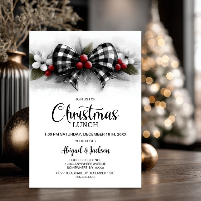 Buffalo Plaid Bow Christmas Lunch Invitation (Creator Uploaded)
