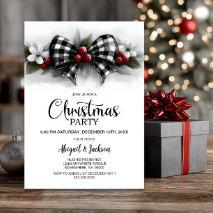 Buffalo Plaid Bow Christmas Party Invitation