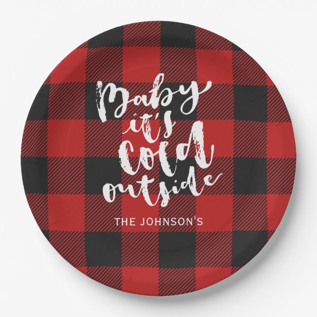 Buffalo Plaid Brush Script It's Cold Outside Name Paper Plate (Front)
