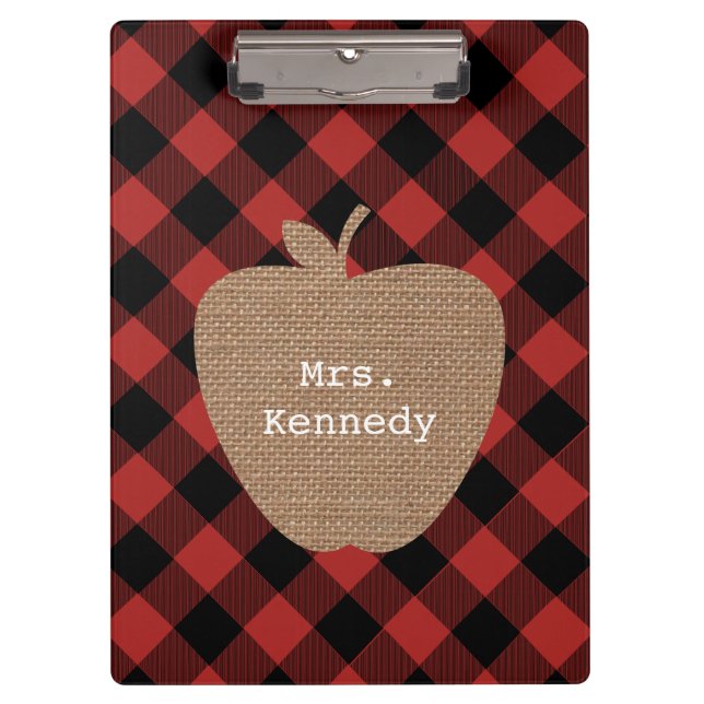 Buffalo Plaid Burlap Personalised Teacher Apple Clipboard (Front)