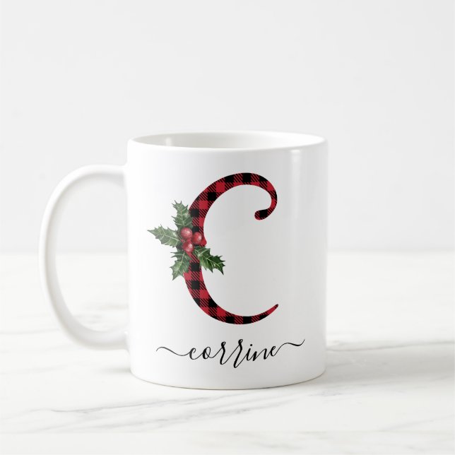 Buffalo Plaid C Monogram Christmas Coffee Mug (Left)