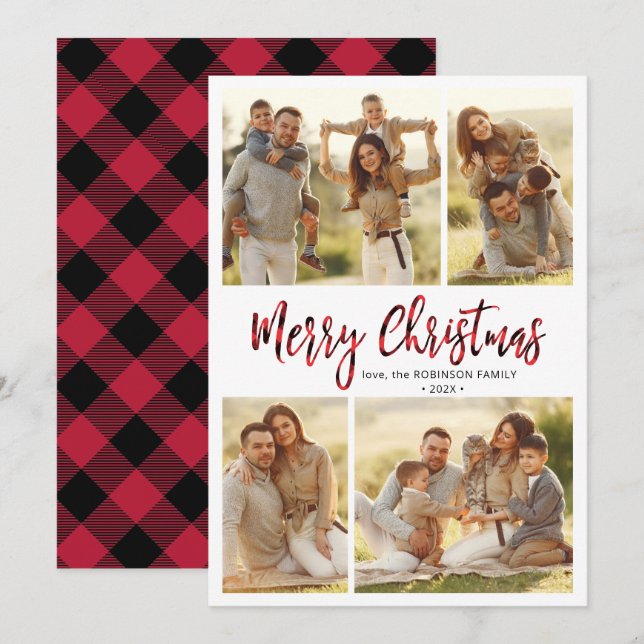 Buffalo Plaid Calligraphy 4 Multi Photo Christmas  Holiday Card (Front/Back)