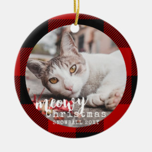 Buffalo Plaid Cat Meowy Christmas Photo Ceramic Tree Decoration
