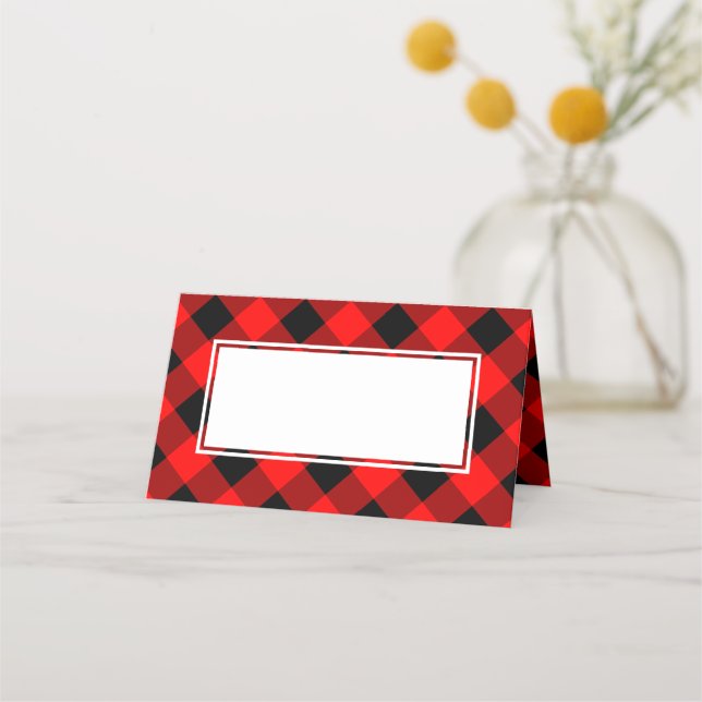 Buffalo Plaid Check Western Christmas Log Cabin Place Card (Front)