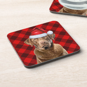 Buffalo Plaid Chesapeake Bay Retriever Santa Dog Coaster