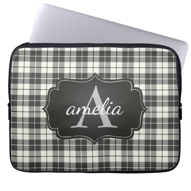 Buffalo Plaid Chic Monogram Name Black Ivory Laptop Sleeve (Front)