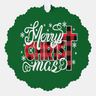 Buffalo Plaid Christian Christmas Design with Snow Tree Decoration Card