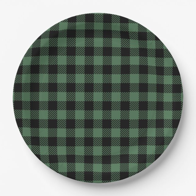 Buffalo Plaid Christmas Black Green Paper Plate (Front)