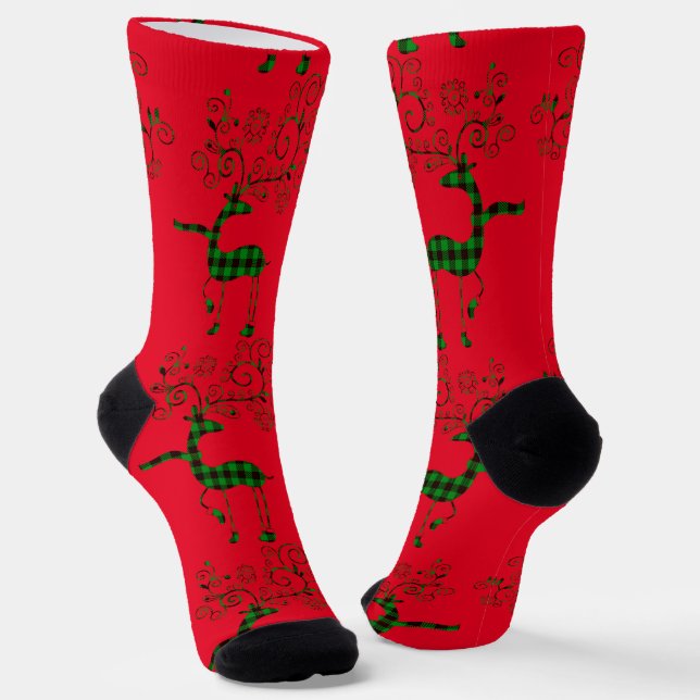 Buffalo Plaid Christmas Deer Thunder_Cove Socks (Angled)