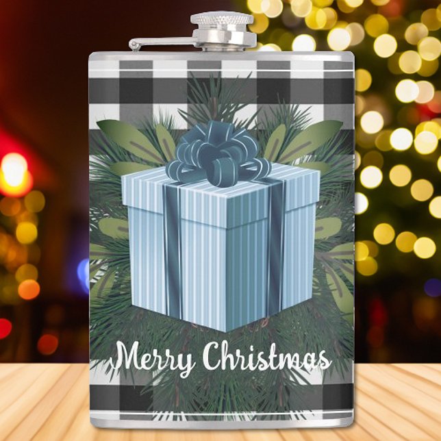 Buffalo Plaid Christmas Gift | Blue Hip Flask (Blue Buffalo Plaid Christmas Gift Flask)