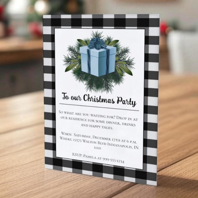 Buffalo Plaid Christmas Gift | Blue Holiday Party Invitation (Blue Buffalo Plaid Christmas Gift Holiday Party Invitation)