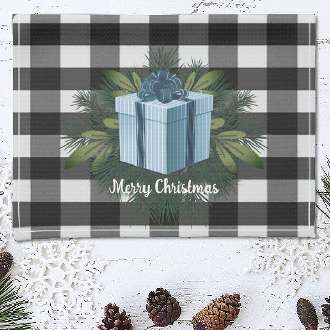 Buffalo Plaid Christmas Gift | Blue Holiday Tea Towel (Blue Buffalo Plaid Christmas Gift Holiday Kitchen Towel)