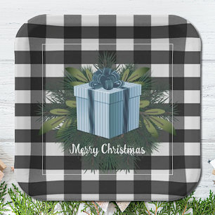 Buffalo Plaid Christmas Gift   Blue Paper Plate