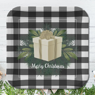 Buffalo Plaid Christmas Gift   Gold Paper Plate
