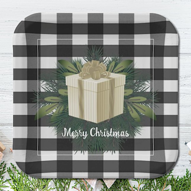 Buffalo Plaid Christmas Gift | Gold Paper Plate (Gold Buffalo Plaid Christmas Gift Paper Plates)