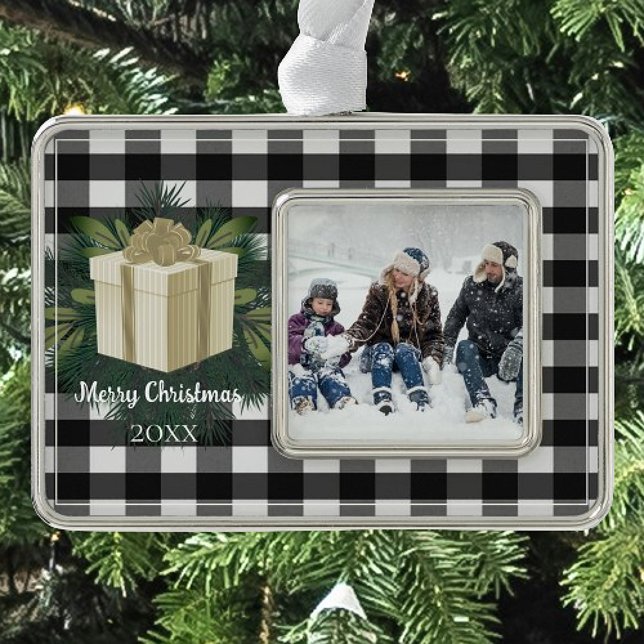 Buffalo Plaid Christmas Gift | Gold Silver Plated Framed Ornament (Gold Buffalo Plaid Christmas Gift Christmas Ornament)