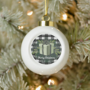 Buffalo Plaid Christmas Gift Green Ceramic Ball Christmas Ornament