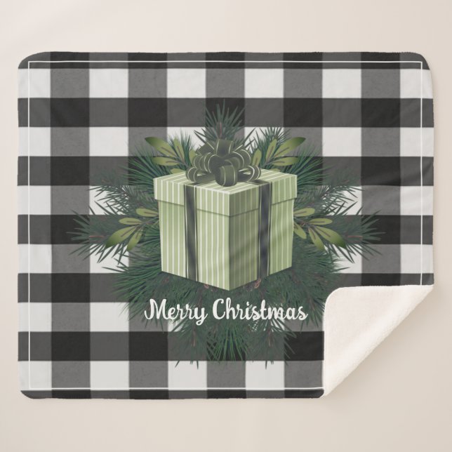 Buffalo Plaid Christmas Gift | Green Holiday Sherpa Blanket (Front (Horizontal))