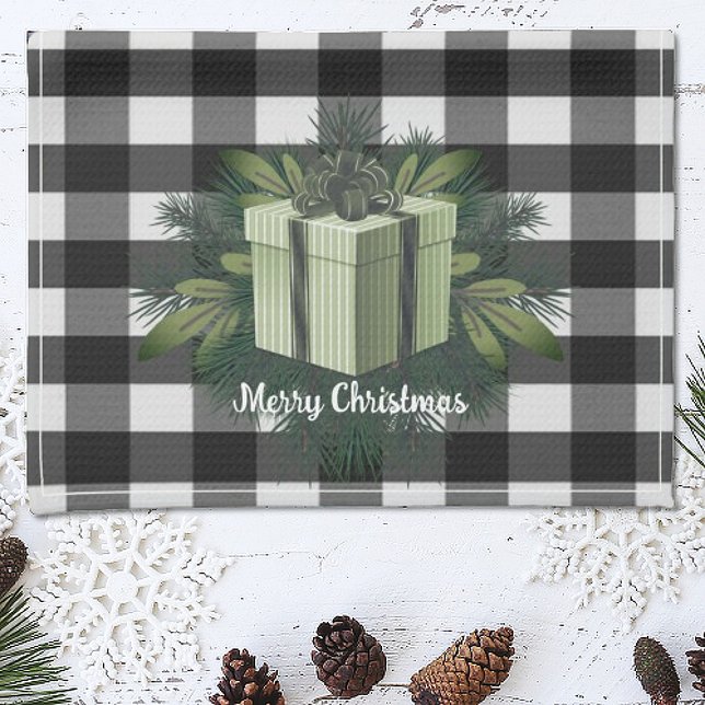 Buffalo Plaid Christmas Gift | Green Holiday Tea Towel (Green Buffalo Plaid Christmas Gift Holiday Kitchen Towel)