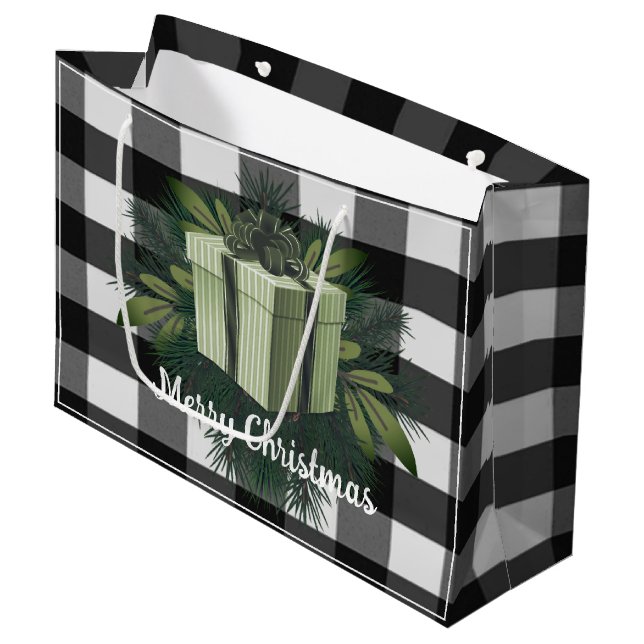 Buffalo Plaid Christmas Gift | Green Large Gift Bag (Front Angled)