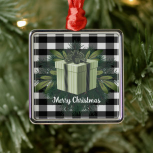 Buffalo Plaid Christmas Gift Green Metal Tree Decoration