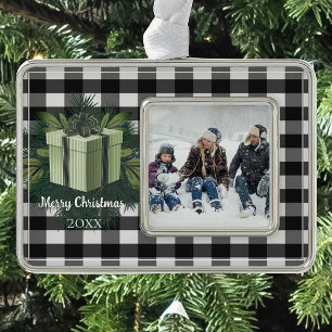 Buffalo Plaid Christmas Gift   Green Silver Plated Framed Ornament