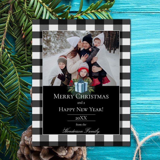 Buffalo Plaid Christmas Gift Photo | Blue Holiday Card (Blue Buffalo Plaid Christmas Gift Holiday Photo Card)