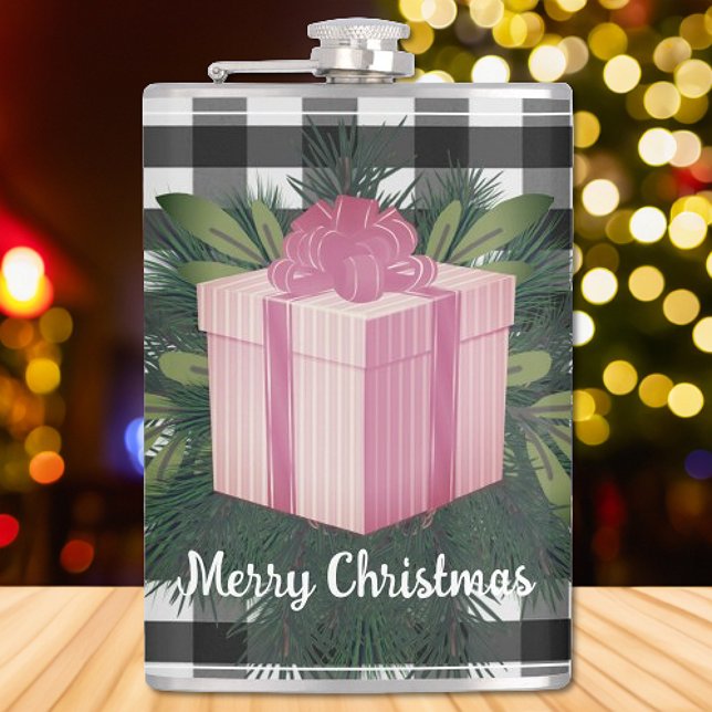 Buffalo Plaid Christmas Gift | Pink Hip Flask (Pink Buffalo Plaid Christmas Gift Flask)