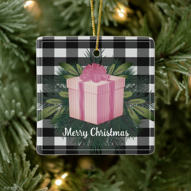 Buffalo Plaid Christmas Gift | Pink Holiday Ceramic Ornament (Tree)