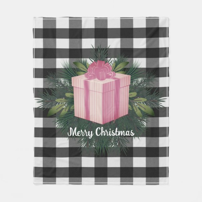 Buffalo Plaid Christmas Gift | Pink Holiday Fleece Blanket (Front)