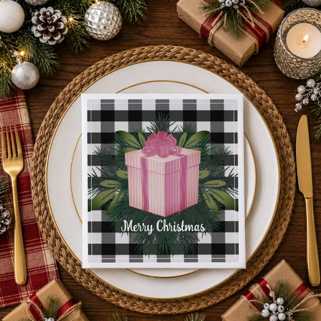 Buffalo Plaid Christmas Gift | Pink Napkin (Pink Buffalo Plaid Christmas Gift Paper Napkins)