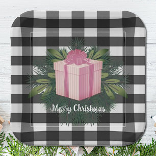 Buffalo Plaid Christmas Gift   Pink Paper Plate