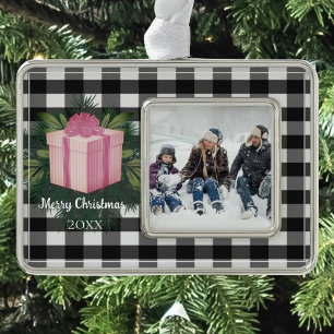 Buffalo Plaid Christmas Gift   Pink Silver Plated Framed Ornament