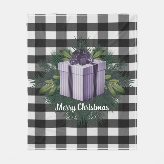 Buffalo Plaid Christmas Gift | Purple Holiday Fleece Blanket (Front)