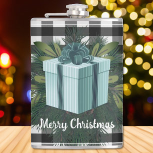 Buffalo Plaid Christmas Gift Teal Hip Flask