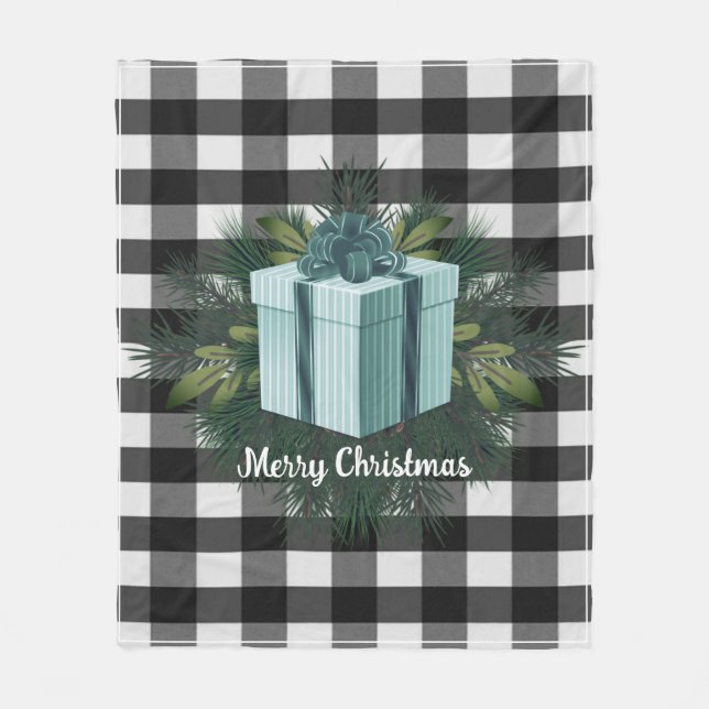 Buffalo Plaid Christmas Gift | Teal Holiday Fleece Blanket (Front)