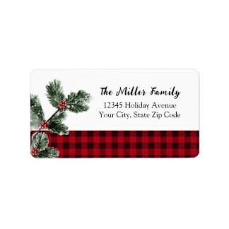 Buffalo plaid Christmas greenery holiday address Label