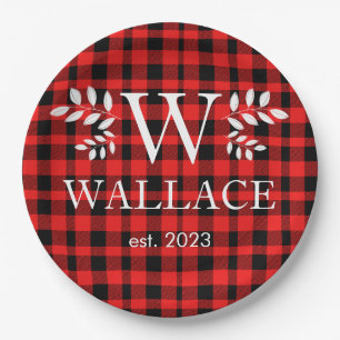 Buffalo Plaid Christmas monogram newlywed photo  Paper Plate