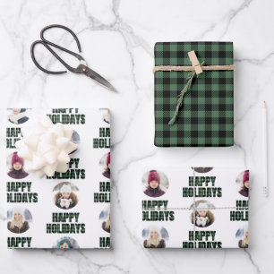 Buffalo Plaid Christmas Photo Collage Black Green  Wrapping Paper Sheet