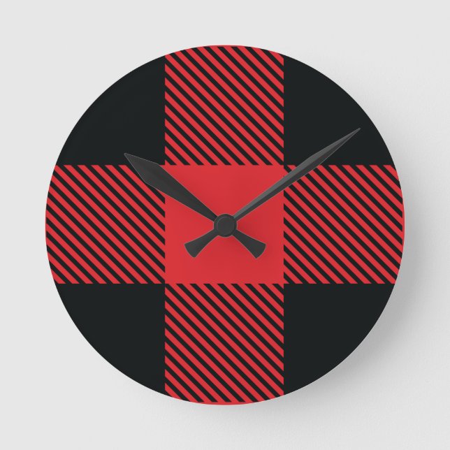 Buffalo Plaid Christmas Red and Black Check Round Clock (Front)