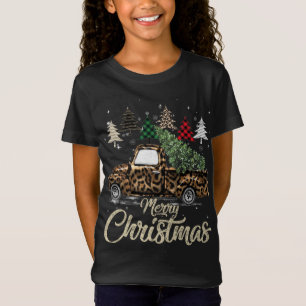 Buffalo Plaid Christmas Tree Red Truck With Leopar T-Shirt