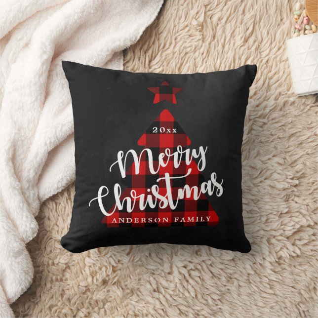 Buffalo Plaid Christmas Tree Whimsical Script Cushion (Blanket)
