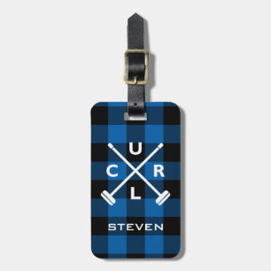 Buffalo Plaid Crossed Brooms Luggage Tag - Blue
