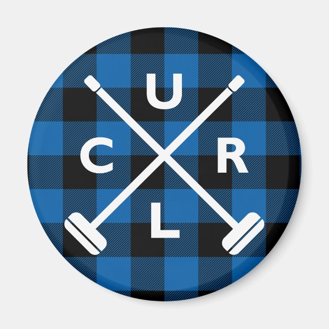 Buffalo Plaid Crossed Brooms Magnet - Blue (Front)