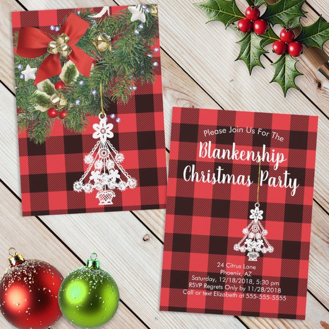 Buffalo Plaid Custom Photo Christmas Tree Holiday  (invitation template front and back)